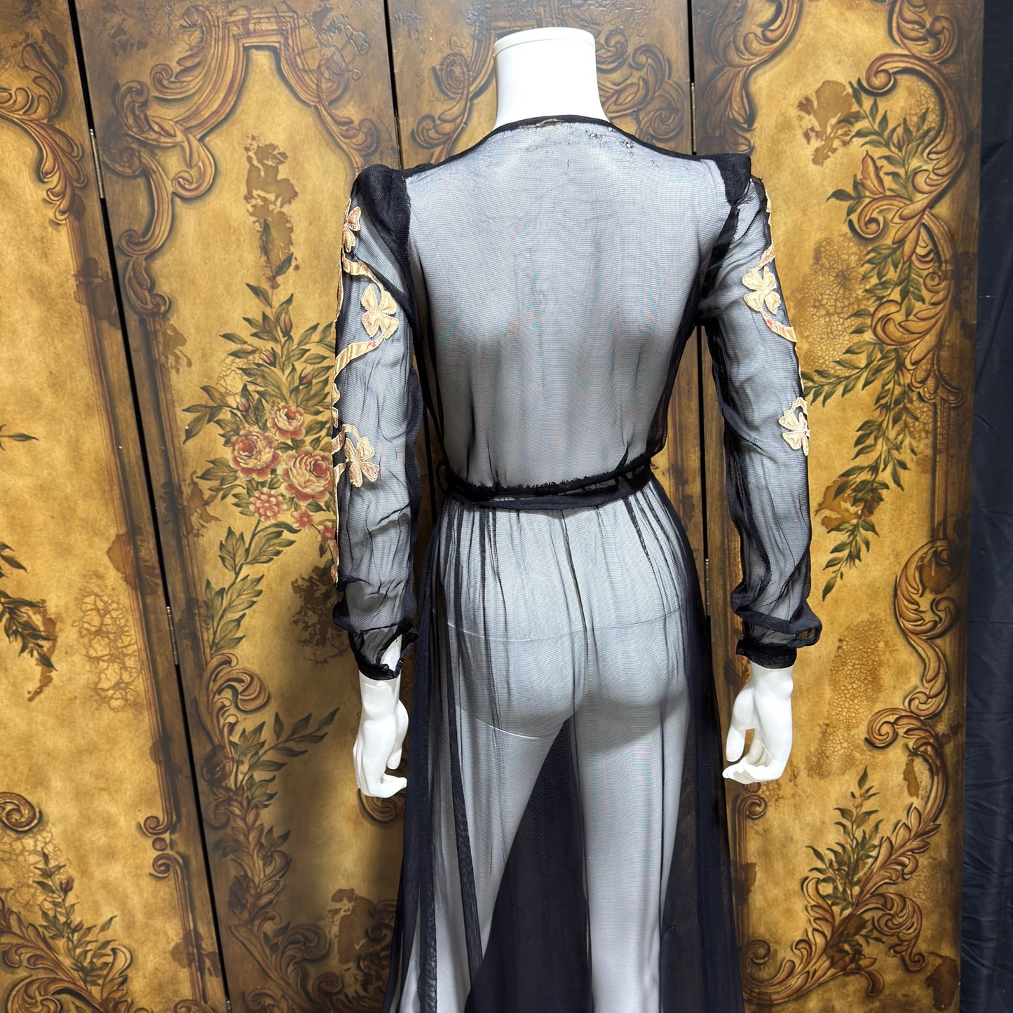 1930s Vintage dressing gown robe, Sheer black mesh lingerie housecoat