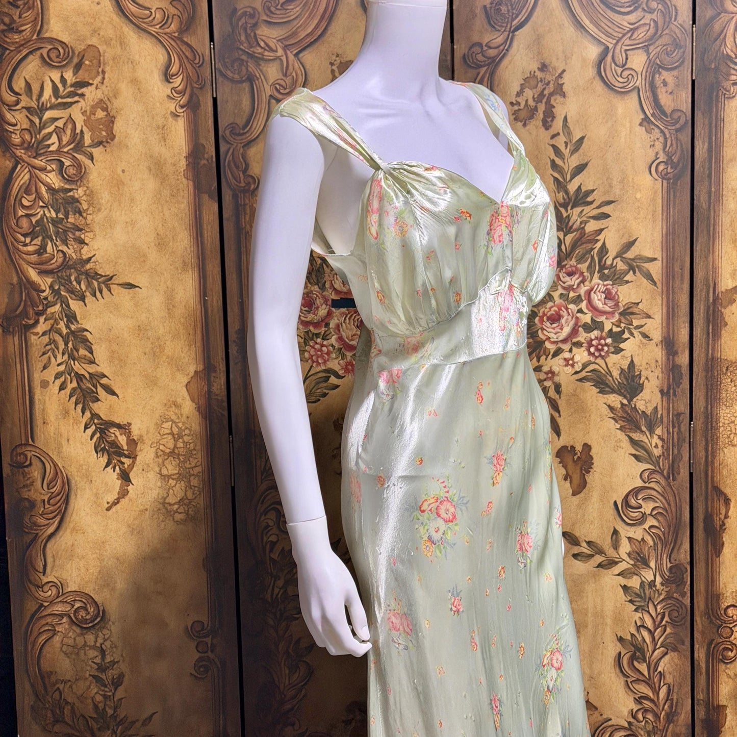 1940s vintage Nightgown slip dress, Bias Cut Green floral print Lingerie dress