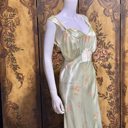 1940s vintage Nightgown slip dress, Bias Cut Green floral print Lingerie dress