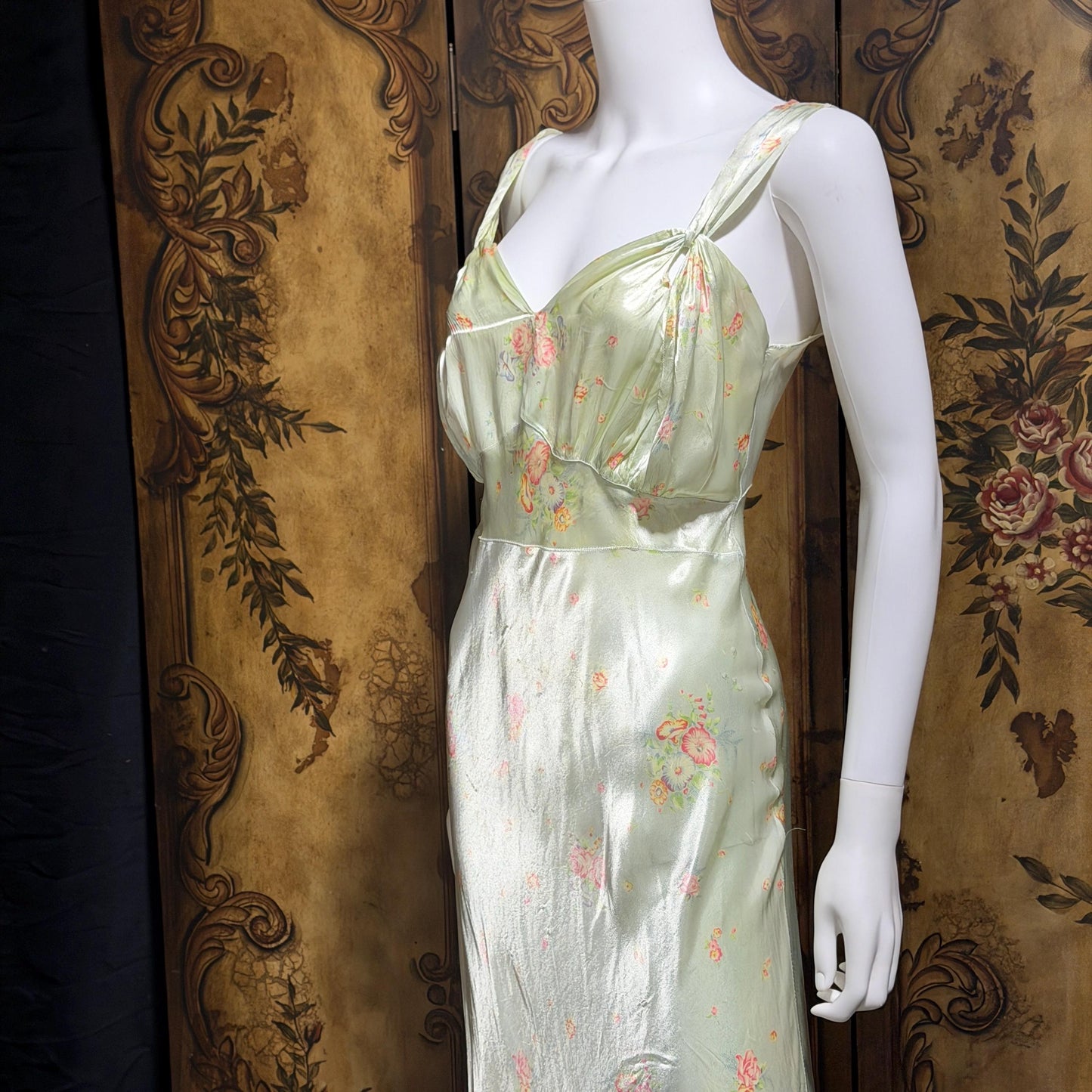 1940s vintage Nightgown slip dress, Bias Cut Green floral print Lingerie dress