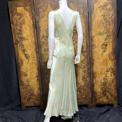 1940s vintage Nightgown slip dress, Bias Cut Green floral print Lingerie dress