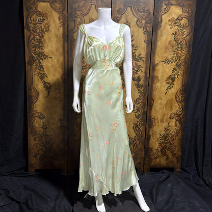 1940s vintage Nightgown slip dress, Bias Cut Green floral print Lingerie dress