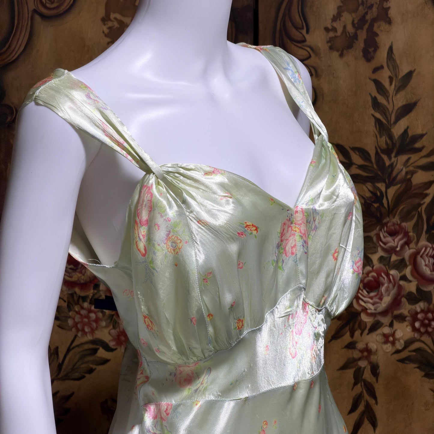 1940s vintage Nightgown slip dress, Bias Cut Green floral print Lingerie dress