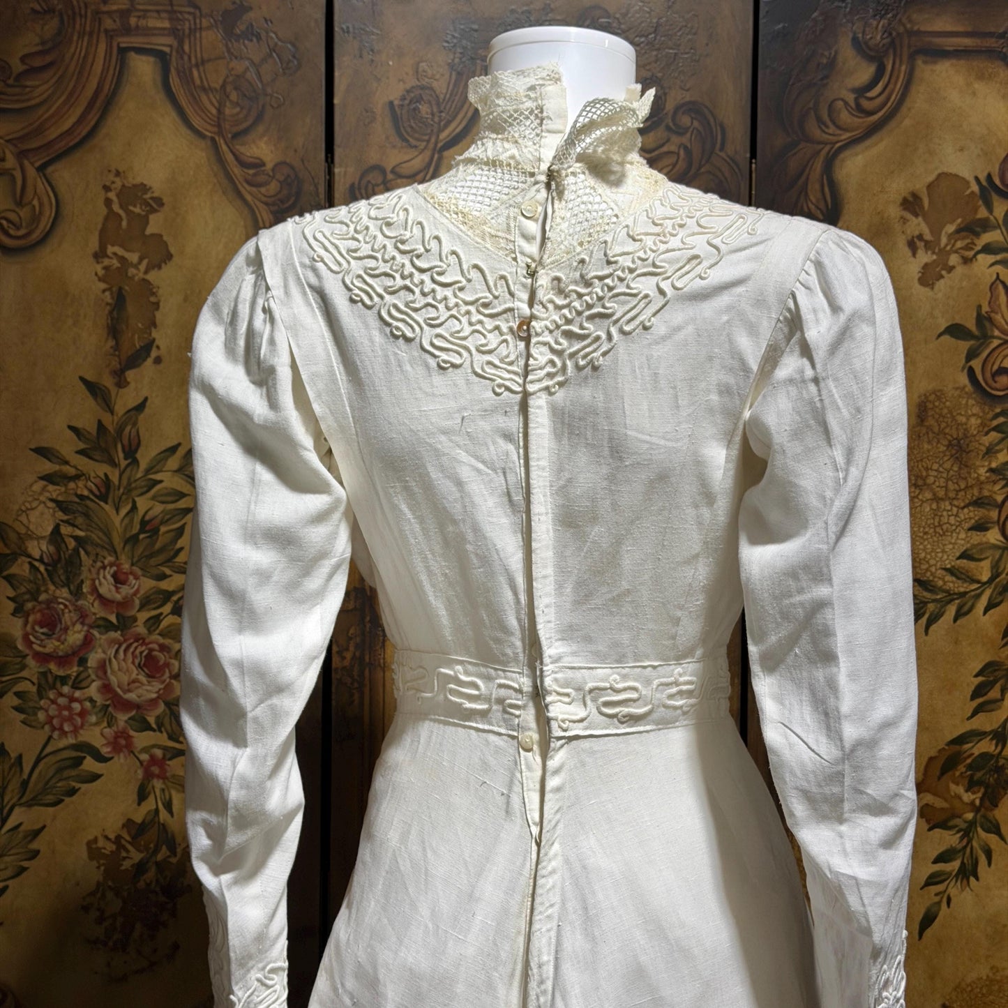 1900s Edwardian wedding dress, Vintage white cotton high neck soutache gown