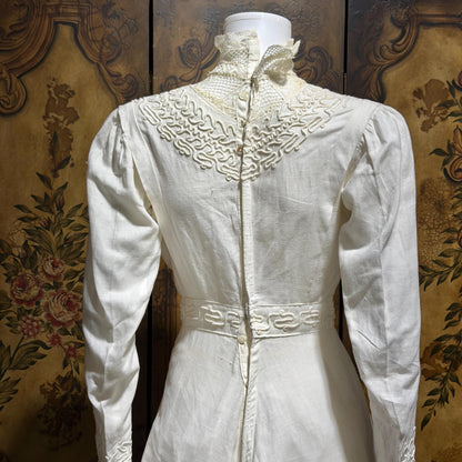 1900s Edwardian wedding dress, Vintage white cotton high neck soutache gown