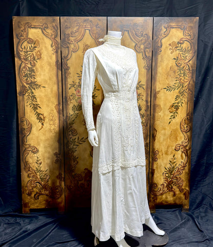 1900s Edwardian wedding dress, Vintage white cotton high neck soutache gown