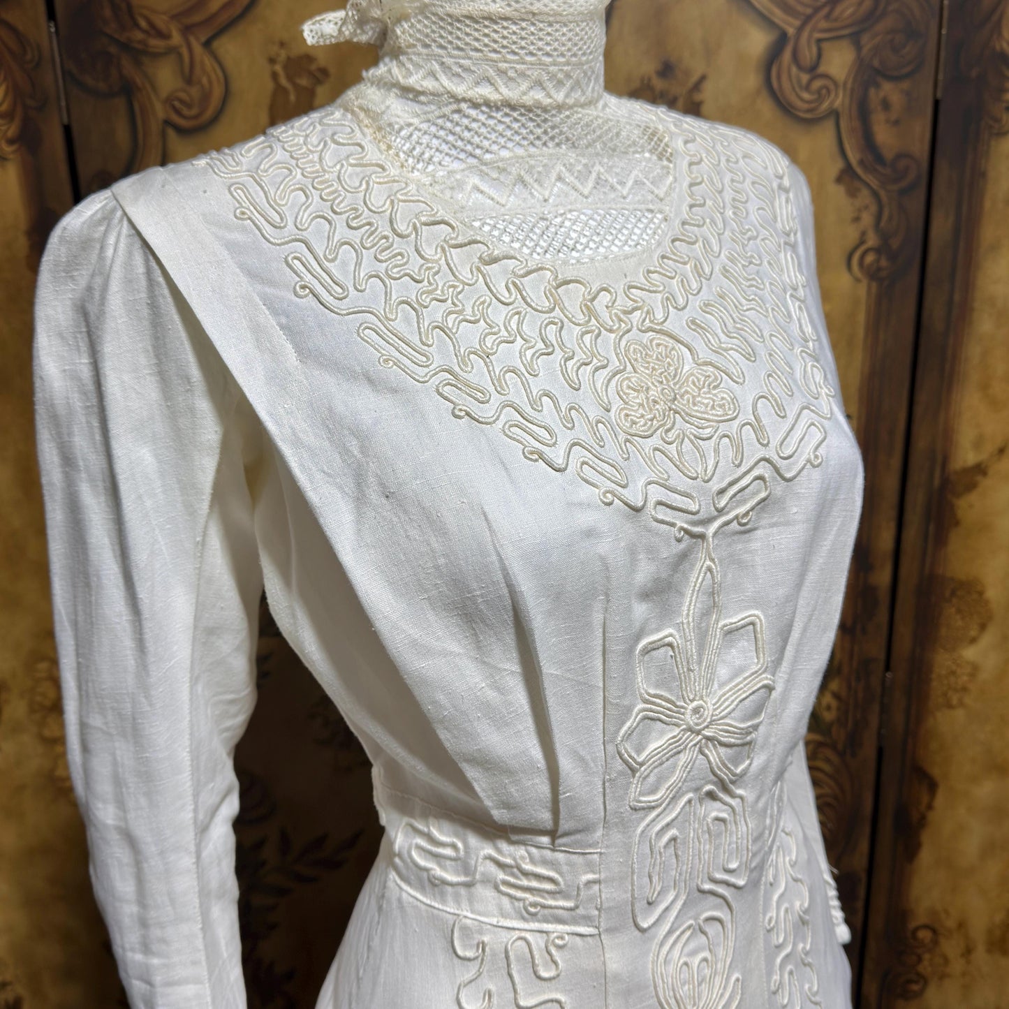 1900s Edwardian wedding dress, Vintage white cotton high neck soutache gown
