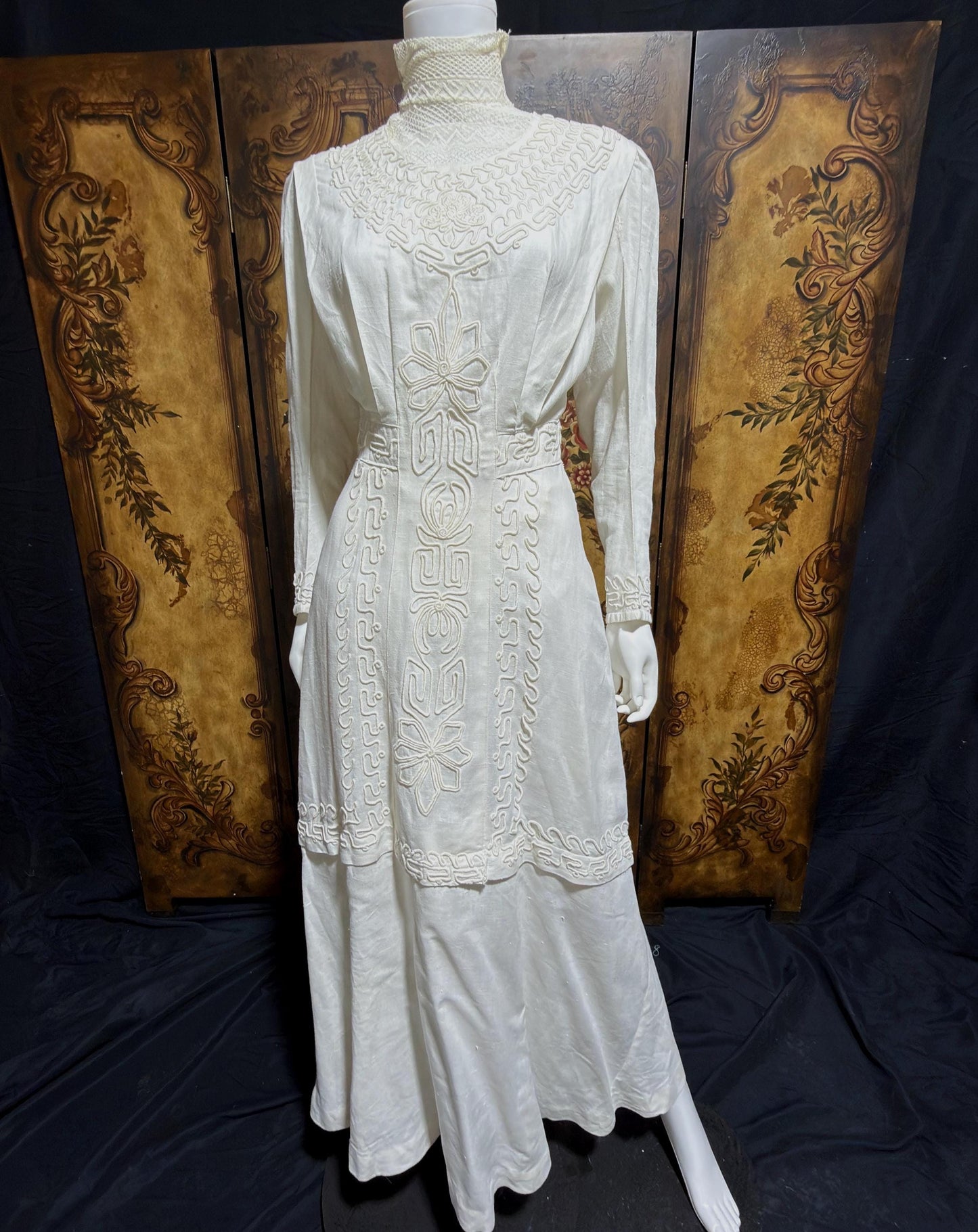 1900s Edwardian wedding dress, Vintage white cotton high neck soutache gown