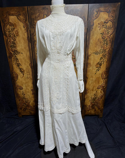 1900s Edwardian wedding dress, Vintage white cotton high neck soutache gown