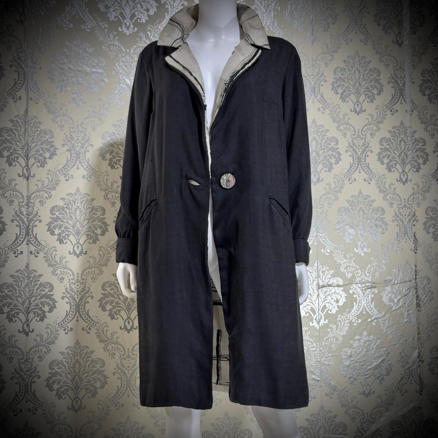 MR BLACKWELL CUSTOM Vintage 1960s linen coat, Black linen silk combo Spring Dress coat