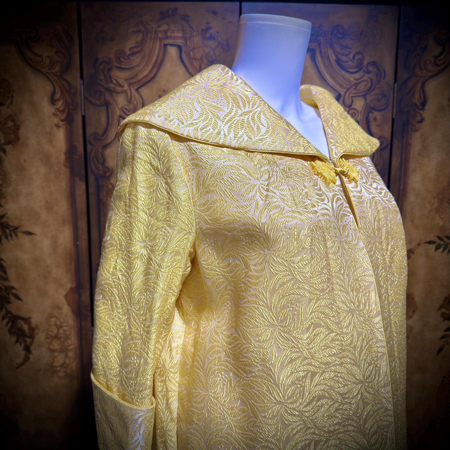 MARTYS Vintage 1950s evening swing coat, Yellow silk jacquard Easter Spring Dress coat