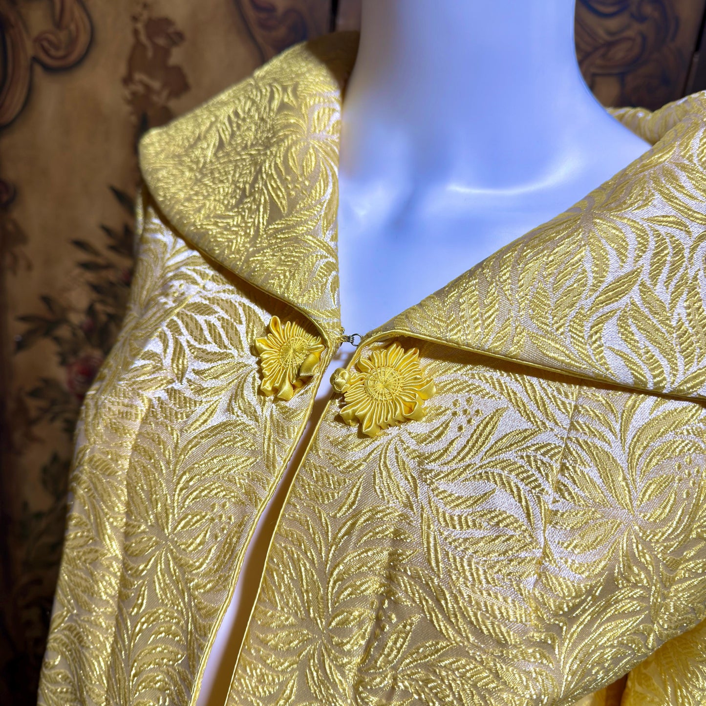 MARTYS Vintage 1950s evening swing coat, Yellow silk jacquard Easter Spring Dress coat