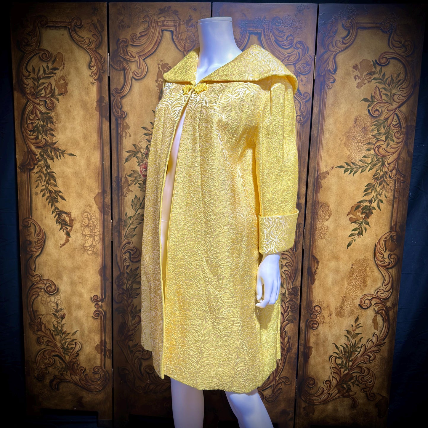 MARTYS Vintage 1950s evening swing coat, Yellow silk jacquard Easter Spring Dress coat