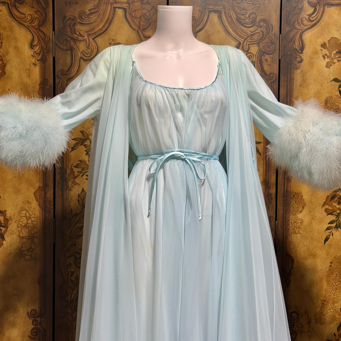 LUCIE ANN Claire Sandra peignoir set, vintage 1960s frothy blue marabou lingerie gown