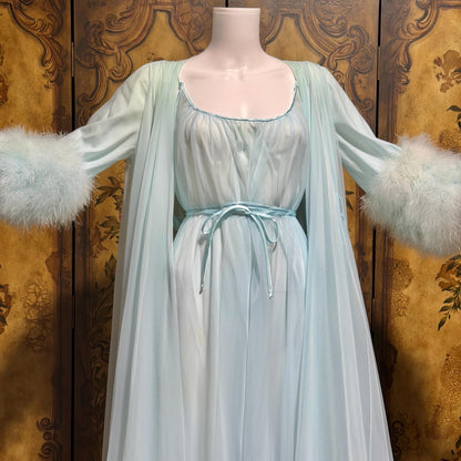 LUCIE ANN Claire Sandra peignoir set, vintage 1960s frothy blue marabou lingerie gown