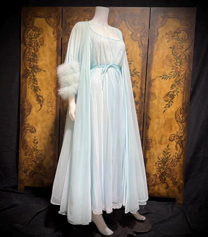 LUCIE ANN Claire Sandra peignoir set, vintage 1960s frothy blue marabou lingerie gown