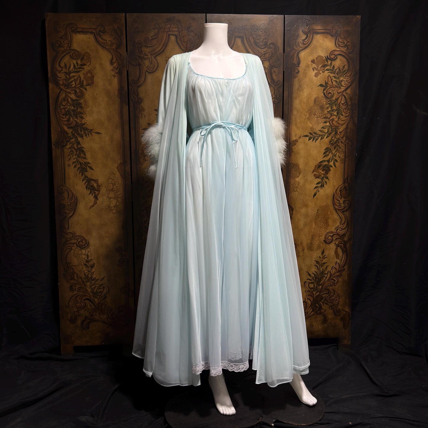 LUCIE ANN Claire Sandra peignoir set, vintage 1960s frothy blue marabou lingerie gown