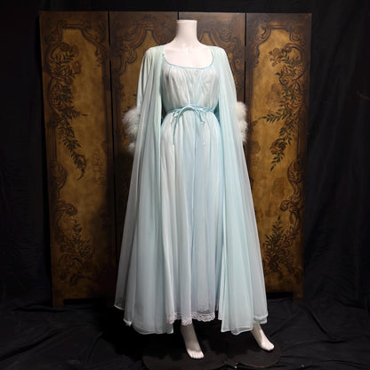 LUCIE ANN Claire Sandra peignoir set, vintage 1960s frothy blue marabou lingerie gown