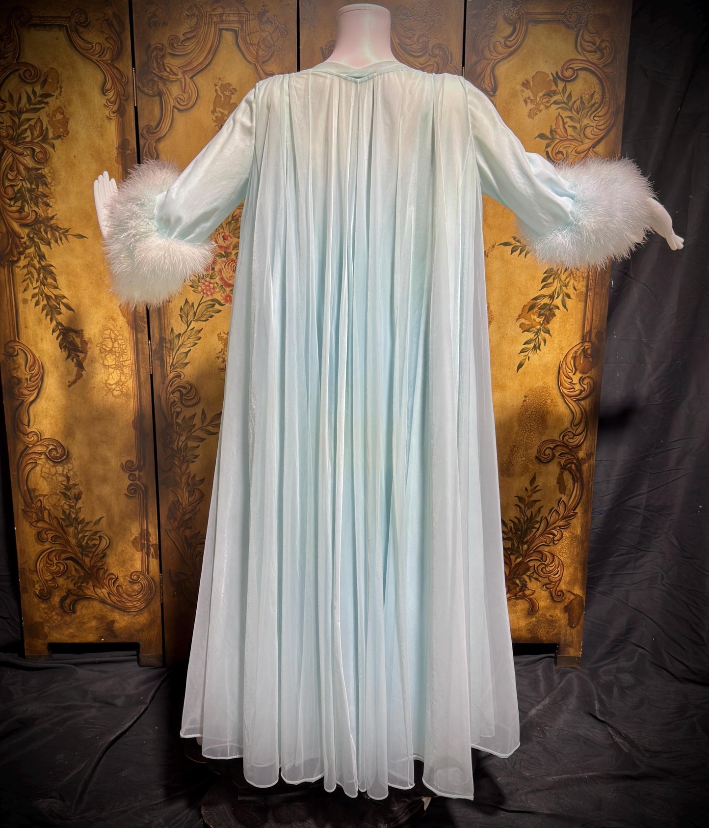 LUCIE ANN Claire Sandra peignoir set, vintage 1960s frothy blue marabou lingerie gown