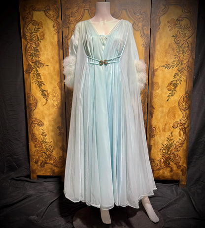 LUCIE ANN Claire Sandra peignoir set, vintage 1960s frothy blue marabou lingerie gown