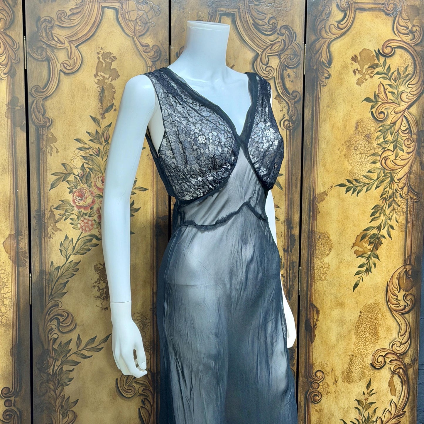 WEISMAN vintage 1930s Nightgown slip dress, sheer sultry black night lingerie dress