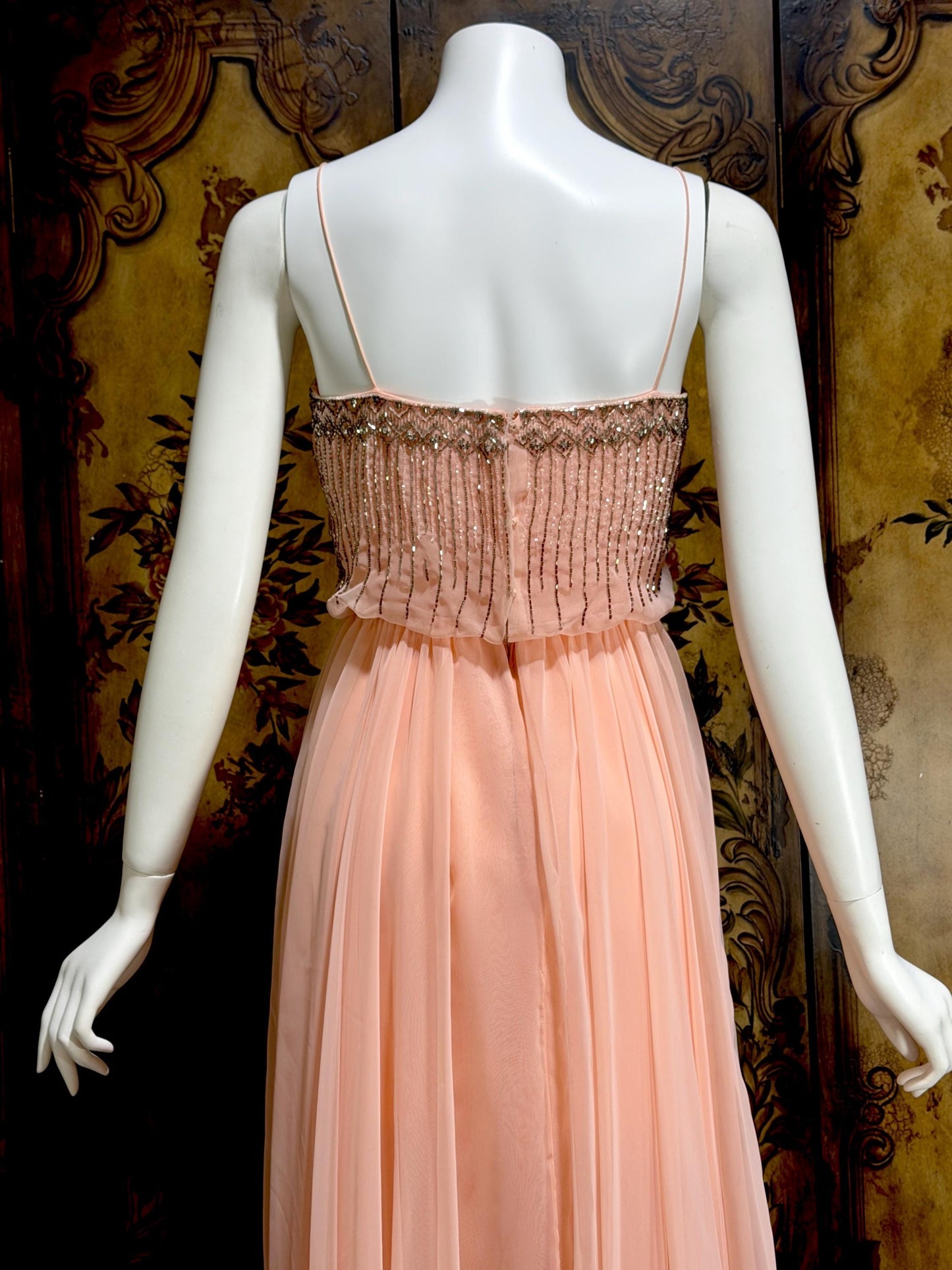 1960s vintage evening dress gown, FONTANA'S NY Beaded Pink Chiffon Formal Prom Gown