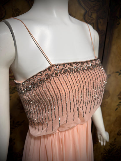 1960s vintage evening dress gown, FONTANA'S NY Beaded Pink Chiffon Formal Prom Gown