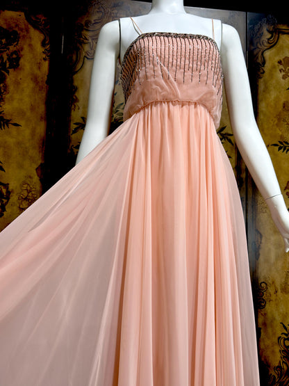 1960s vintage evening dress gown, FONTANA'S NY Beaded Pink Chiffon Formal Prom Gown