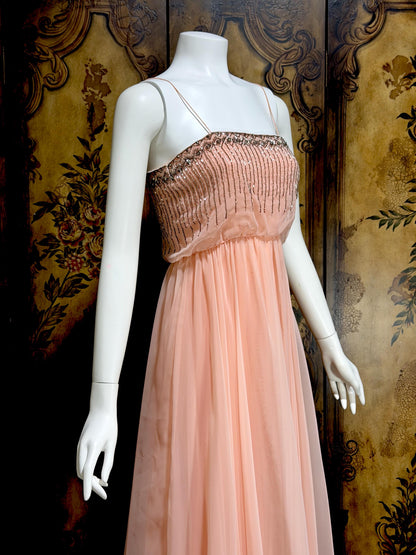 1960s vintage evening dress gown, FONTANA'S NY Beaded Pink Chiffon Formal Prom Gown