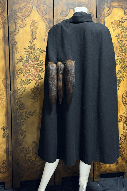 1980s vintage Cape with mink tails, black wool Evening Coat Cloak Wrap