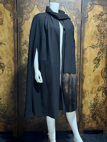 1980s vintage Cape with mink tails, black wool Evening Coat Cloak Wrap