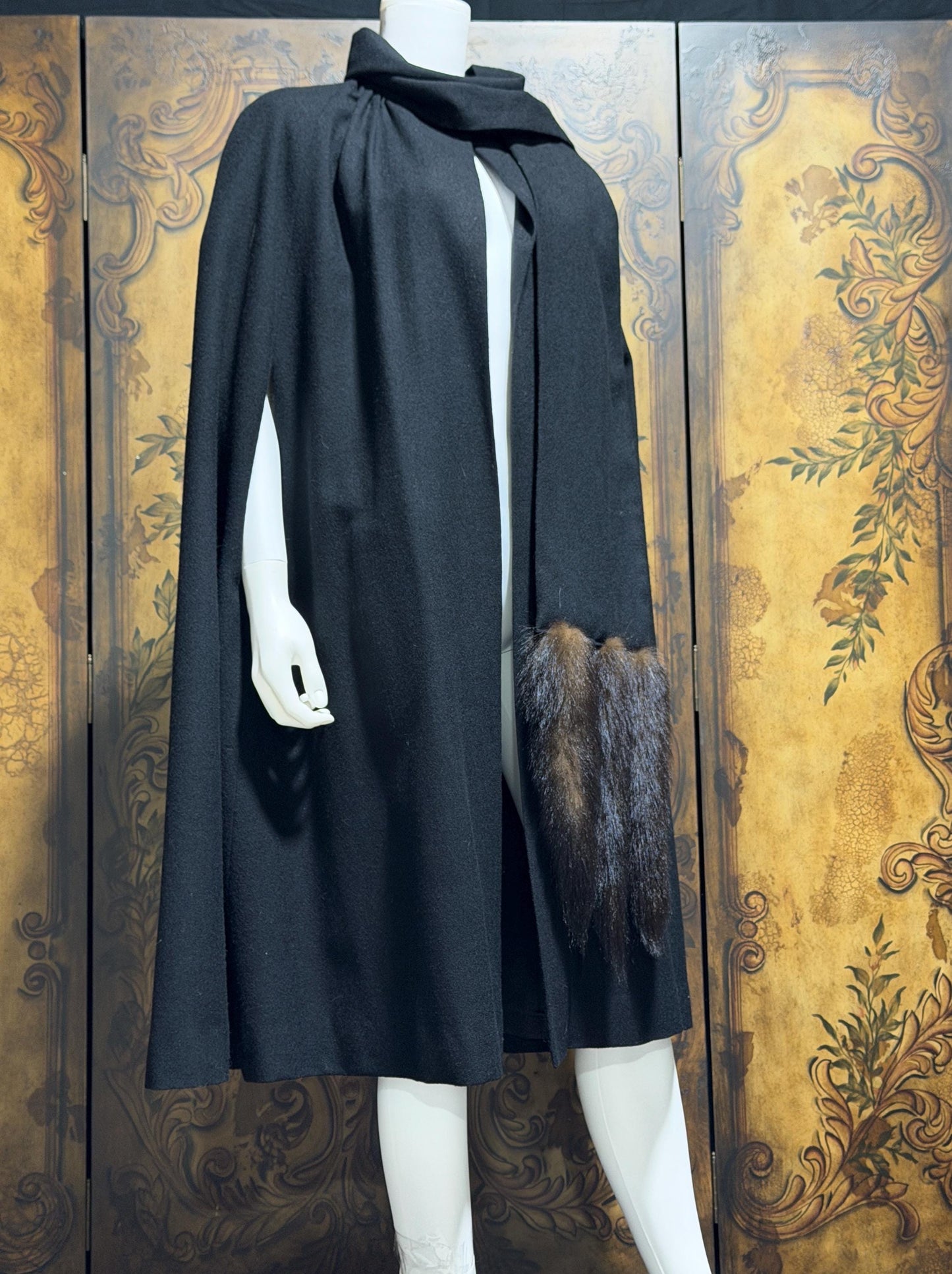 1980s vintage Cape with mink tails, black wool Evening Coat Cloak Wrap