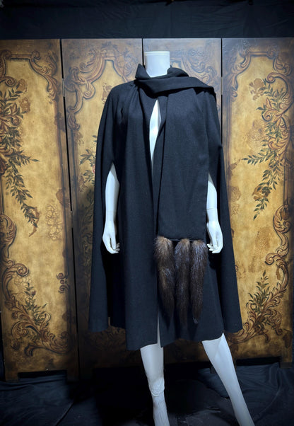 1980s vintage Cape with mink tails, black wool Evening Coat Cloak Wrap