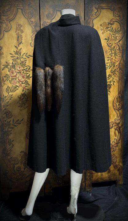 1980s vintage Cape with mink tails, black wool Evening Coat Cloak Wrap