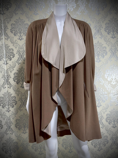 TRAVILLA vintage 1980s swing coat jacket, taupe ruffled car coat