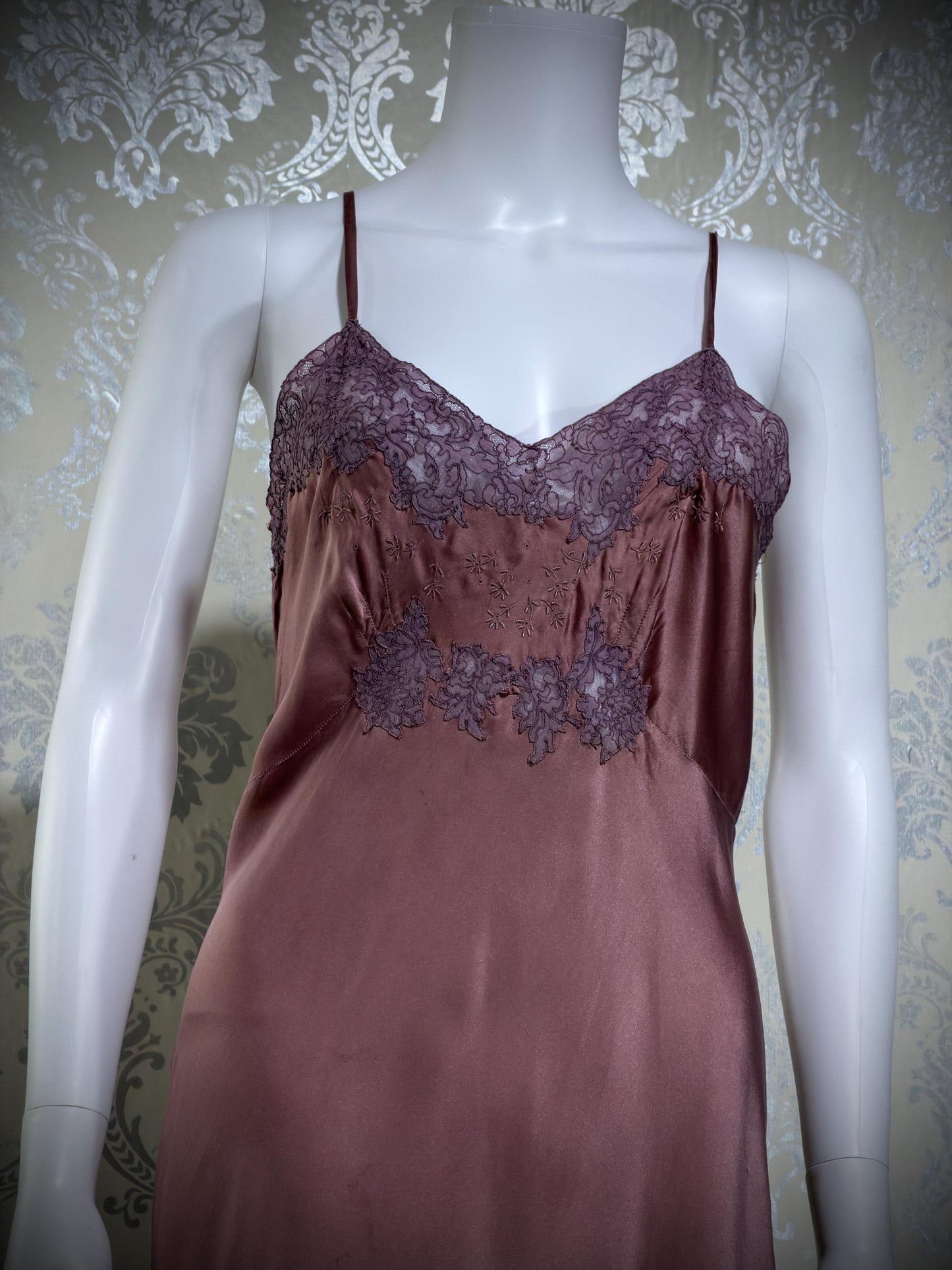 VIANNE vintage 1940s Silk Nightgown slip dress, dusty plum bias cut lace lingerie dress