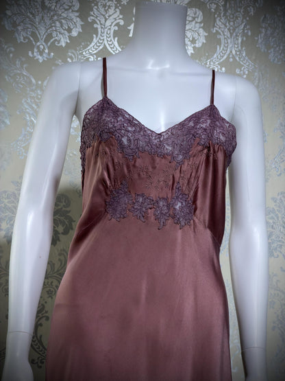 VIANNE vintage 1940s Silk Nightgown slip dress, dusty plum bias cut lace lingerie dress