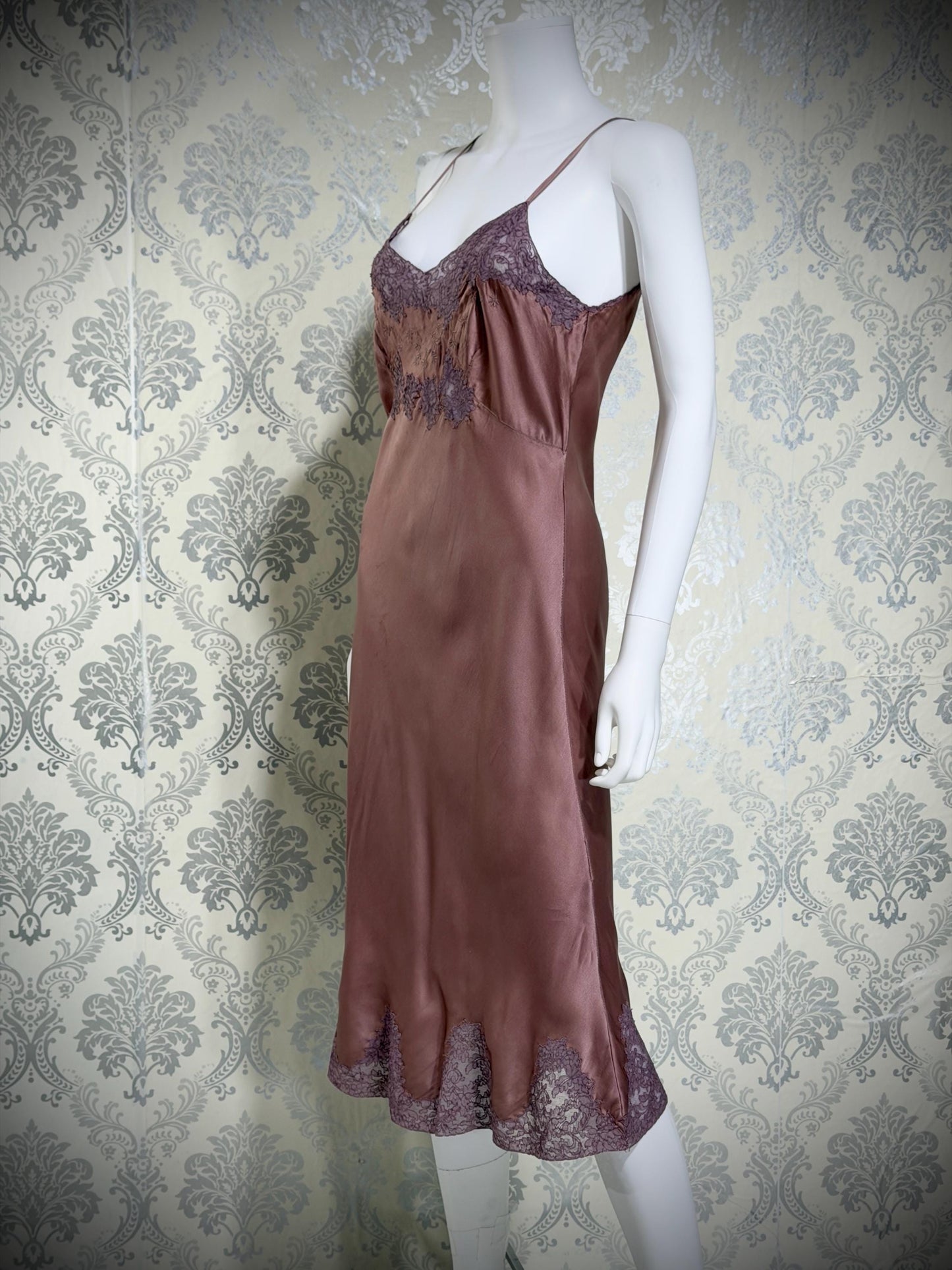 VIANNE vintage 1940s Silk Nightgown slip dress, dusty plum bias cut lace lingerie dress