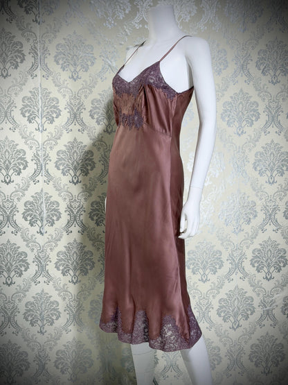 VIANNE vintage 1940s Silk Nightgown slip dress, dusty plum bias cut lace lingerie dress