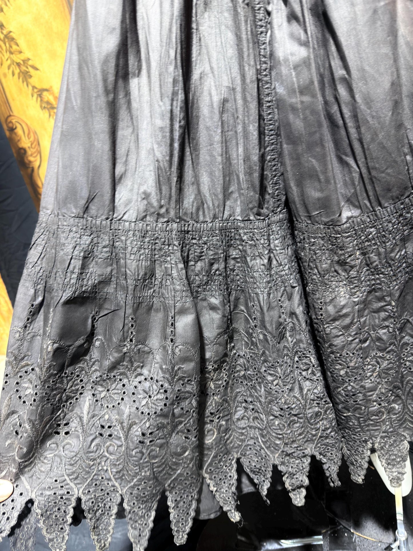 1900s Vintage Victorian petticoat, Black eyelet Antique polished cotton maxi skirt