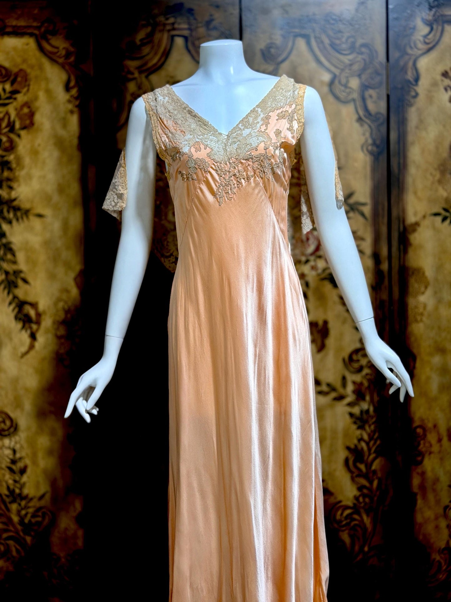 1930s Vintage Nightgown Slip Dress, peach silk and lace bias cut sheath lingerie dress