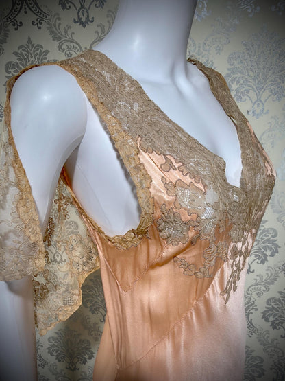 1930s Vintage Nightgown Slip Dress, peach silk and lace bias cut sheath lingerie dress