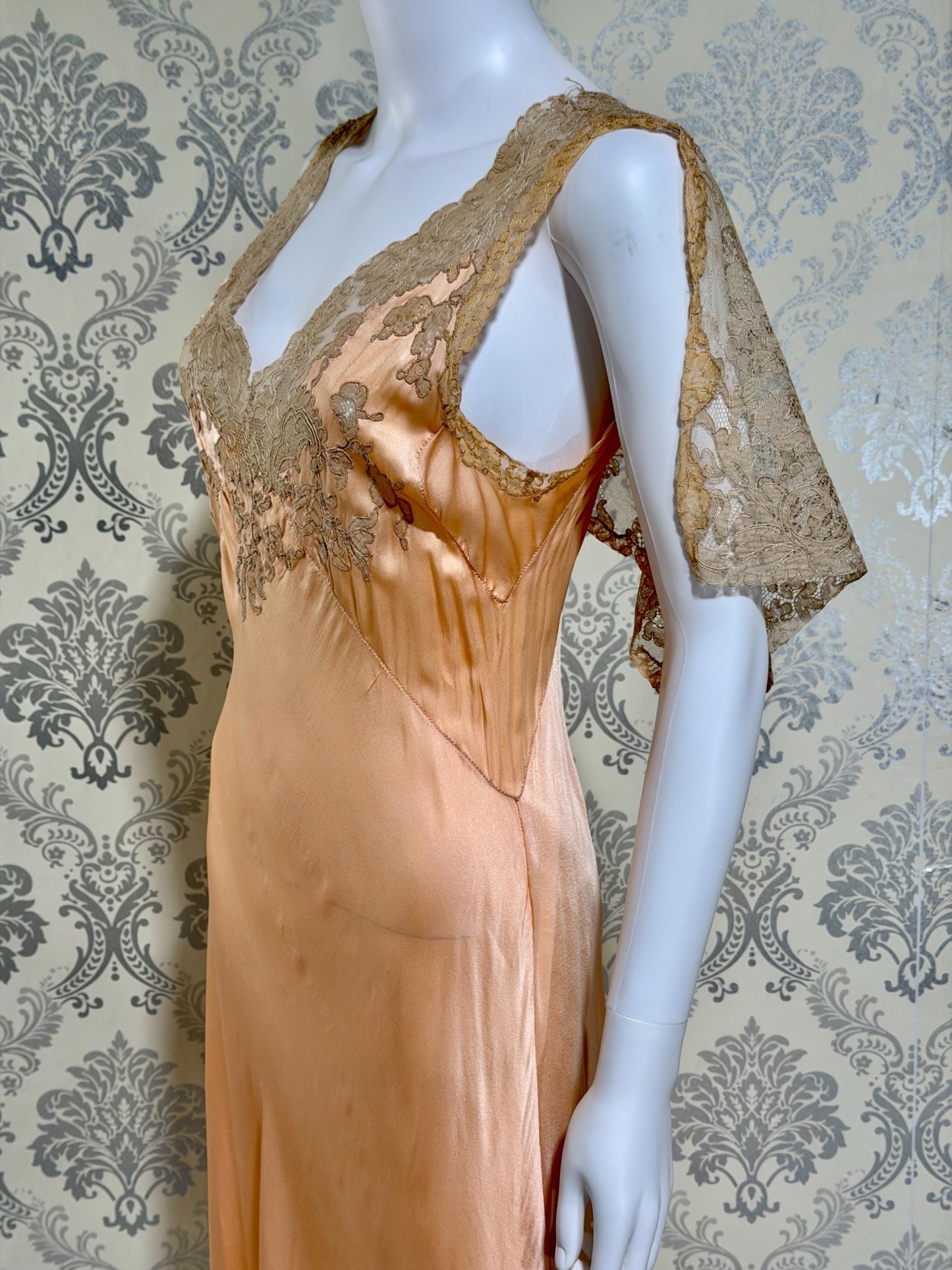 1930s Vintage Nightgown Slip Dress, peach silk and lace bias cut sheath lingerie dress