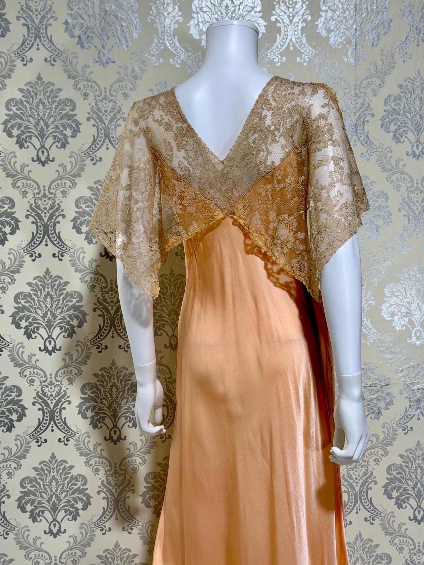1930s Vintage Nightgown Slip Dress, peach silk and lace bias cut sheath lingerie dress