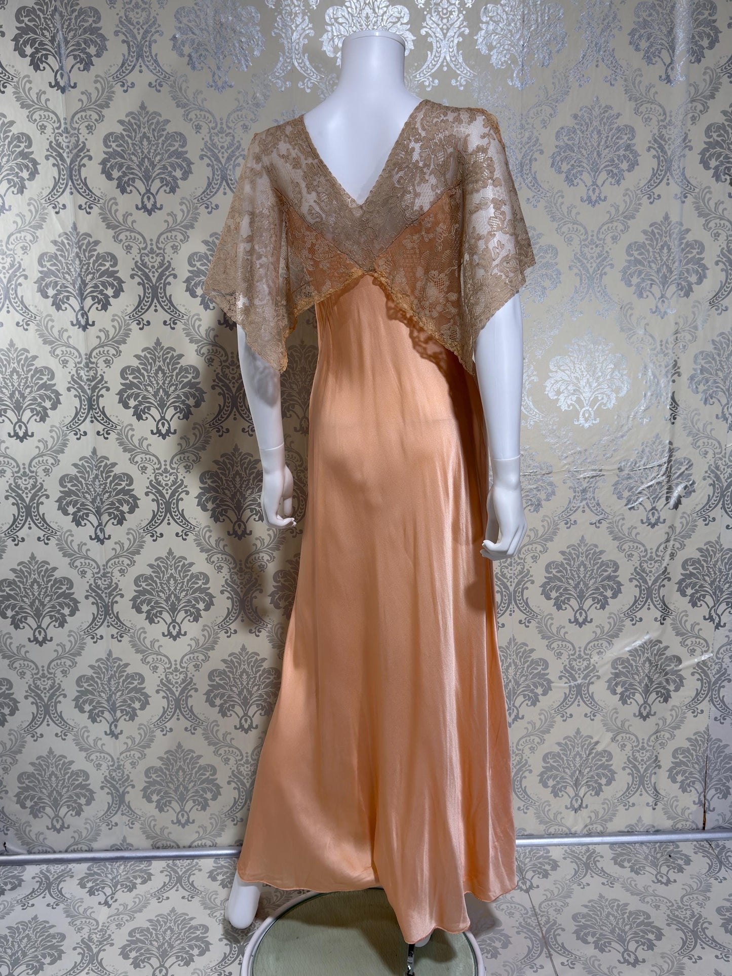1930s Vintage Nightgown Slip Dress, peach silk and lace bias cut sheath lingerie dress