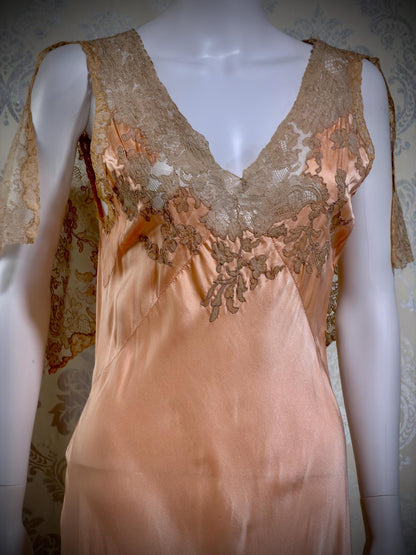 1930s Vintage Nightgown Slip Dress, peach silk and lace bias cut sheath lingerie dress