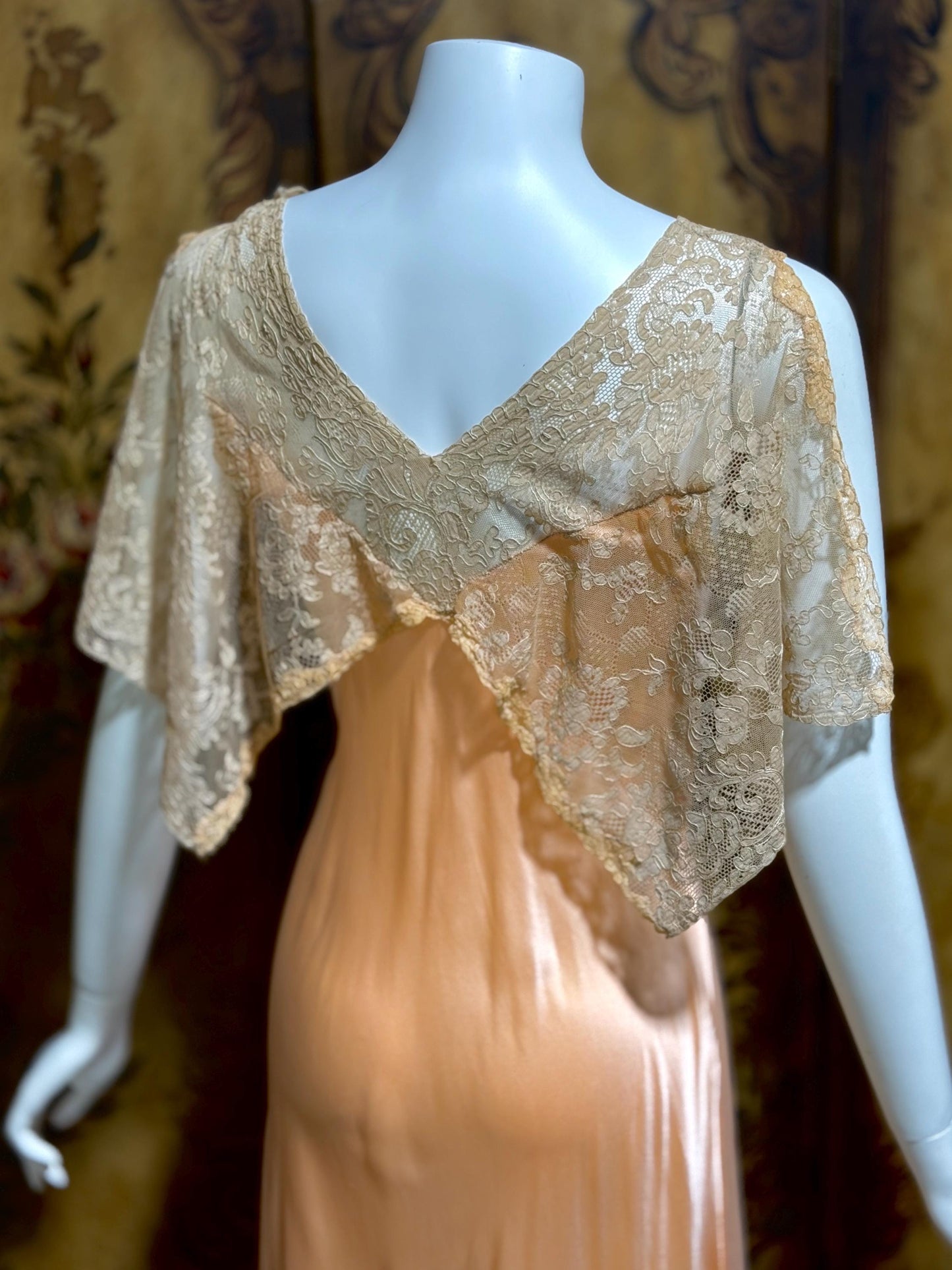 1930s Vintage Nightgown Slip Dress, peach silk and lace bias cut sheath lingerie dress