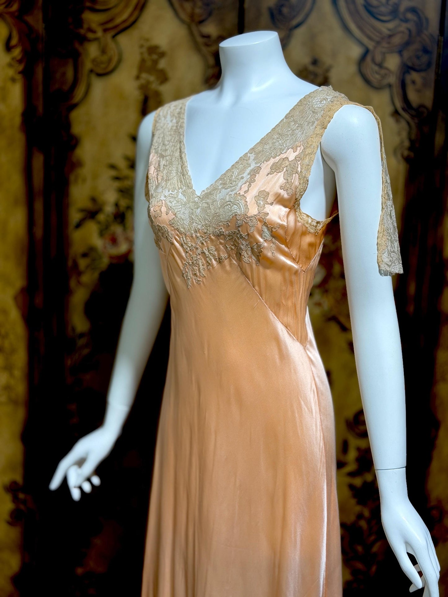 1930s Vintage Nightgown Slip Dress, peach silk and lace bias cut sheath lingerie dress