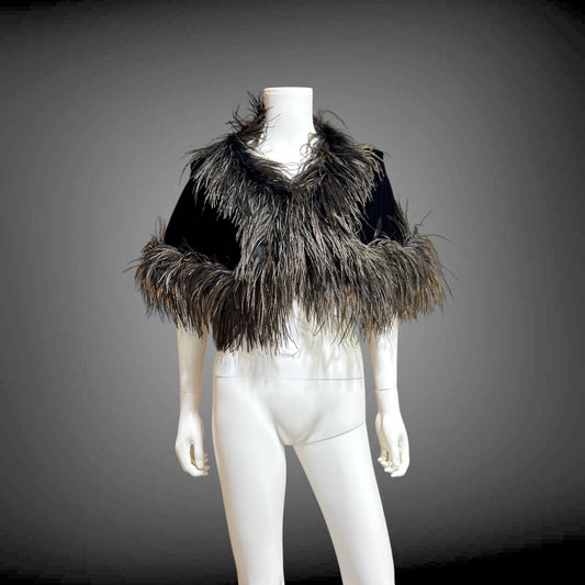 1980s Vintage Ostrich Feather Cape Shawl, Black velvet evening shoulder wrap
