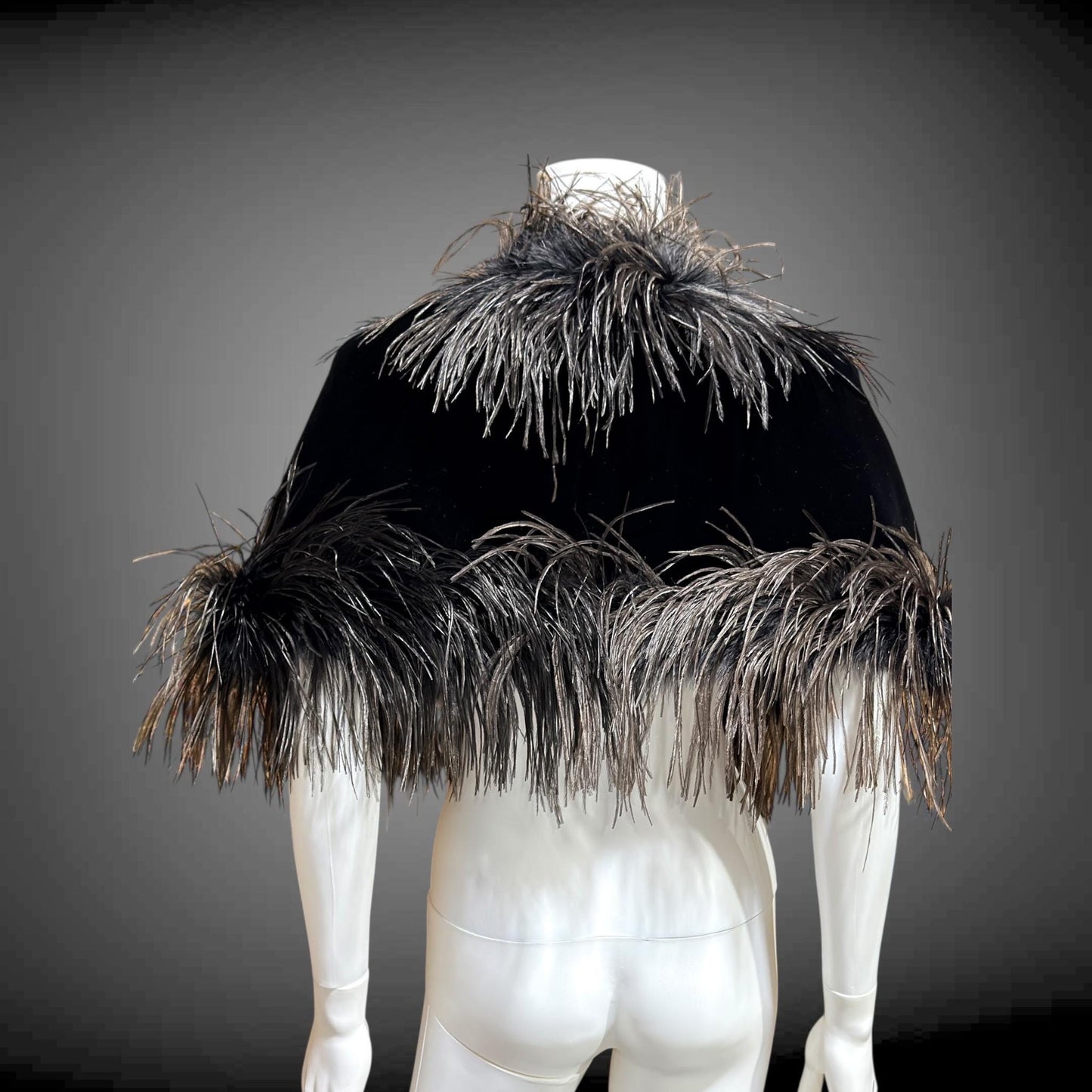 1980s Vintage Ostrich Feather Cape Shawl, Black velvet evening shoulder wrap